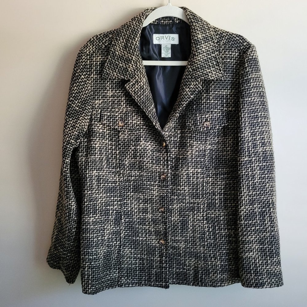 Orvis Tweed Jacket, size 16, Lined, Contains Wool, Black and Tan, Women's